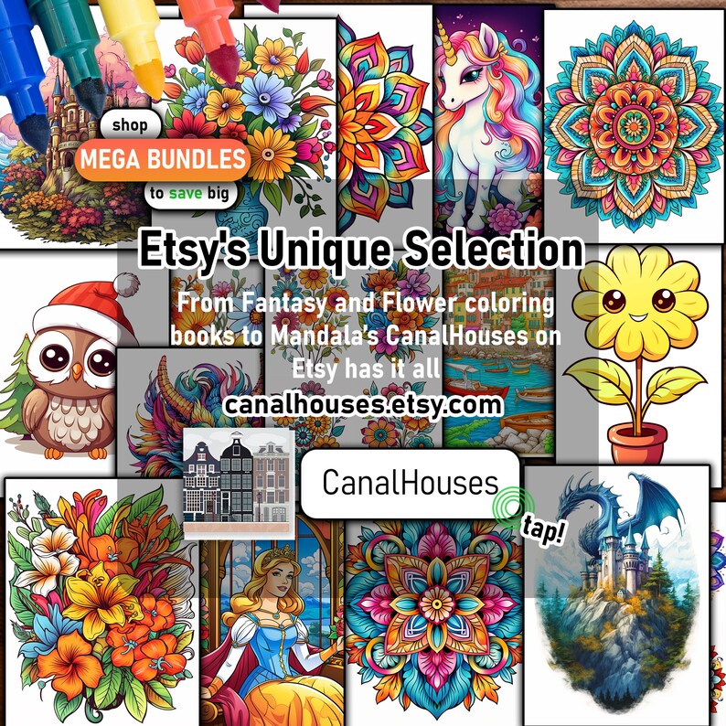 Pu&ograve; includere: Un collage colorato di illustrazioni, tra cui un unicorno, mandala, gufo e disegni floreali. Il testo recita "Etsy's Unique Selection" e "CanalHouses.etsy.com", promuovendo libri da colorare e altri articoli.