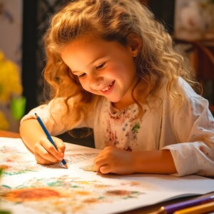 Pu&ograve; includere: Una persona giovane con i capelli biondi ricci sorride mentre disegna con una matita blu su un foglio di carta. La carta ha disegni colorati. Diverse matite colorate sono sul tavolo.