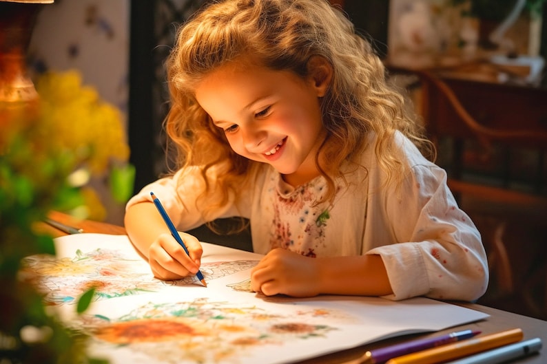 Pu&ograve; includere: Una persona giovane con i capelli biondi ricci sorride mentre disegna con una matita blu su un foglio di carta. La carta ha disegni colorati. Diverse matite colorate sono sul tavolo.