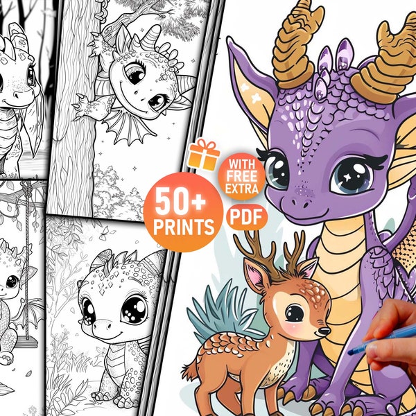 Cute Dragon Coloring Pages, Kids Coloring Sheets, Anime Coloring, Fantasy, Baby, Kawaii, Grayscale, Forest, Book, Instant Printables PDF