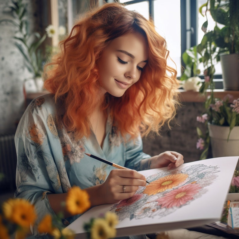 Pu&ograve; includere: Una persona con i capelli rossi ricci disegna con una matita su una pagina da colorare floreale. La persona indossa un accappatoio azzurro chiaro a fantasia floreale. La pagina da colorare presenta fiori arancioni, rosa e grigi. Fiori gialli in primo piano.