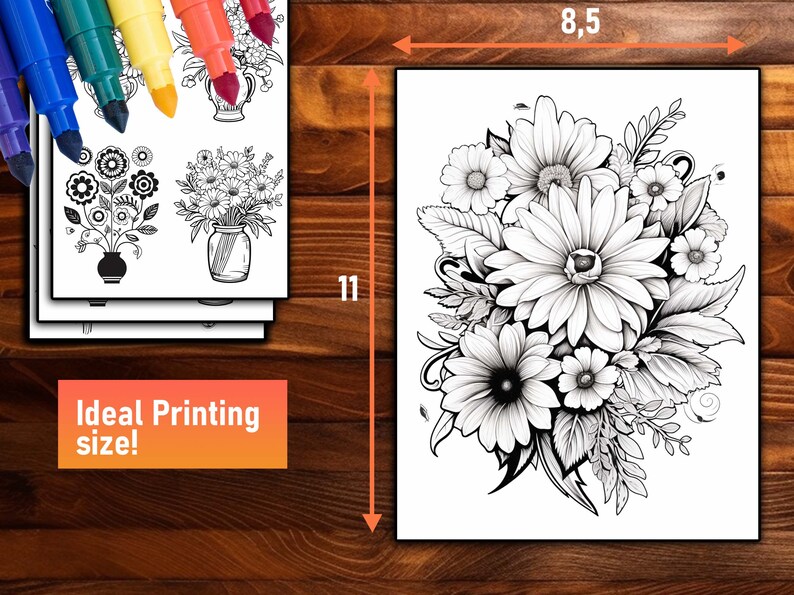 Pu&ograve; includere: Pagina da colorare floreale in bianco e nero, 21,59 x 27,94 cm, con un design dettagliato di bouquet di margherite. Include illustrazioni floreali aggiuntive e pennarelli. Il testo "Ideal Printing size!" &egrave; visualizzato.