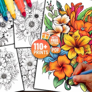 Flower Coloring Page, Flower Coloring Sheets, Floral Coloring Book, Adult Coloring Pages, Spring Coloring, Relaxing Coloring, Printable PDF