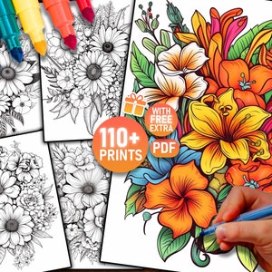 Flower Coloring Page, Flower Coloring Sheets, Floral Coloring Book, Adult Coloring Pages, Spring Coloring, Relaxing Coloring, Printable PDF