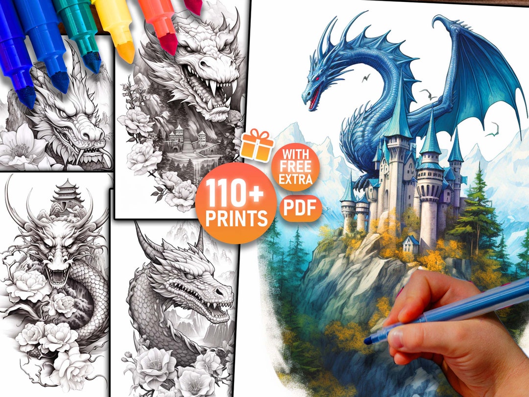 110 Dragon Adult Coloring Page Book, Fantasy Kleurplaten, Afdrukbare