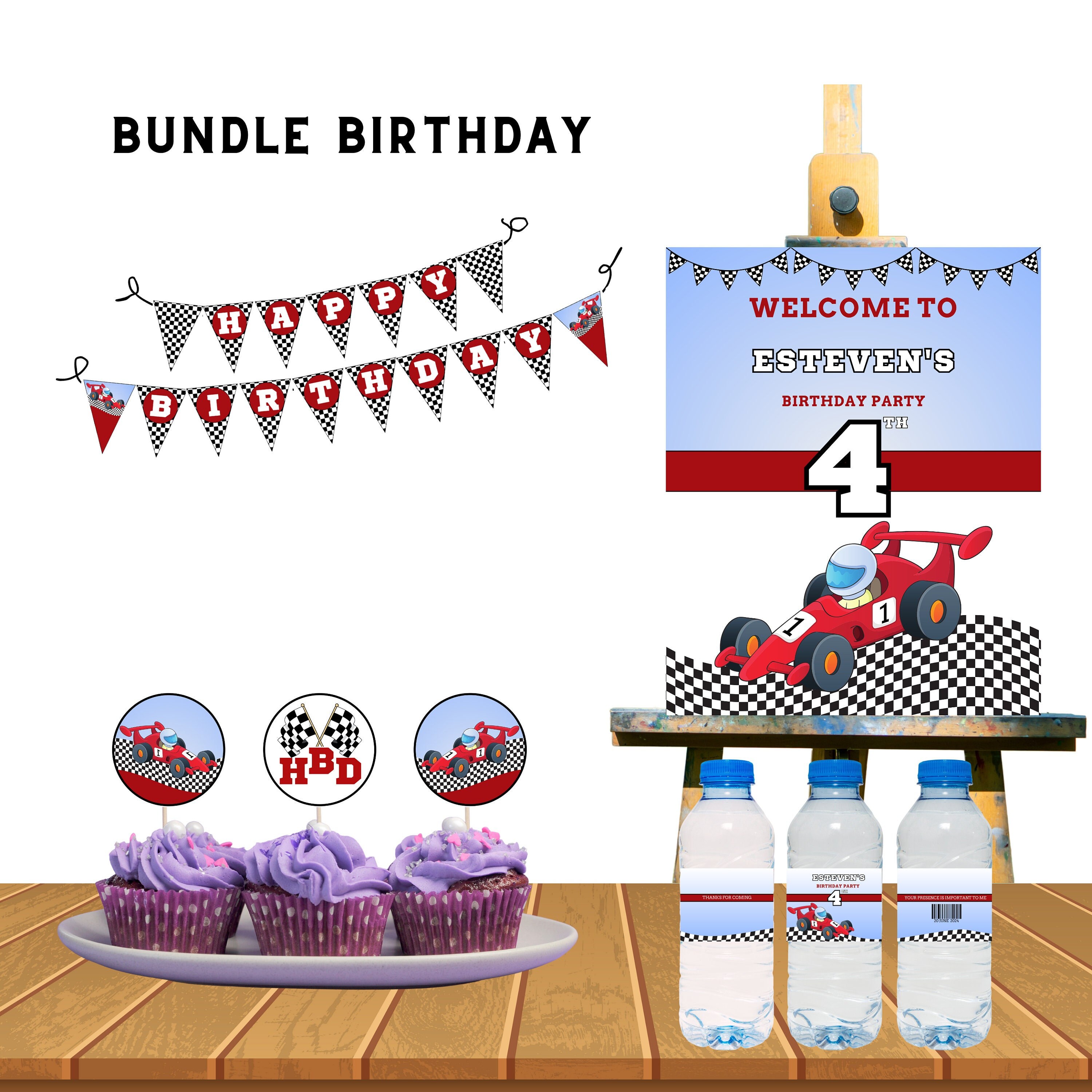 Race Car Birthday Race Track Race Car Invitation Car Theme Birthday Bundle Cupcake Toppers BannerWelcome SingWater Bottle