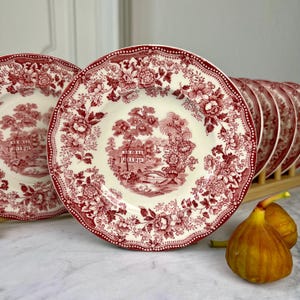 May include: A set of round ceramic plates featuring a red and white transferware pattern. The design depicts a central landscape with a house, trees, and a bridge, surrounded by a wide border of floral motifs and scrolling foliage patterns.