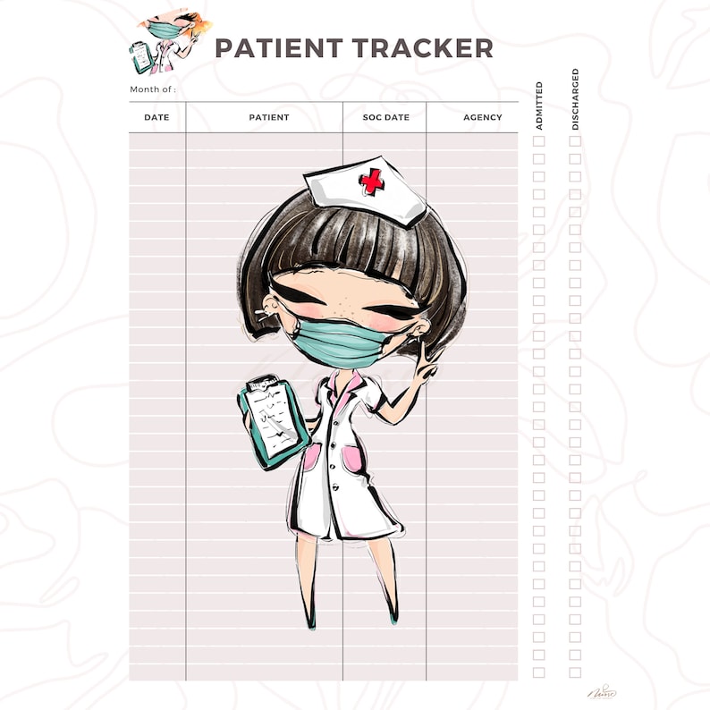 May include: A printable patient tracker with a cartoon illustration of a nurse wearing a white coat, a red cross hat, and a blue face mask. The tracker has columns for date, patient, SOC date, agency, admitted, and discharged.
