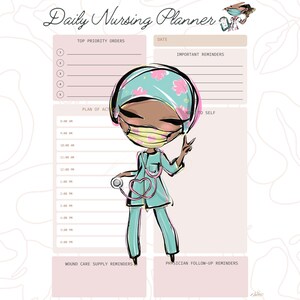 May include: A printable daily nursing planner featuring a cartoon illustration of a nurse wearing a light blue scrub top, a pink and blue patterned surgical cap, a yellow and pink face mask, and a stethoscope. The planner includes sections for top priority orders, important reminders, plan of action, wound care supply reminders, and physician follow-up reminders.