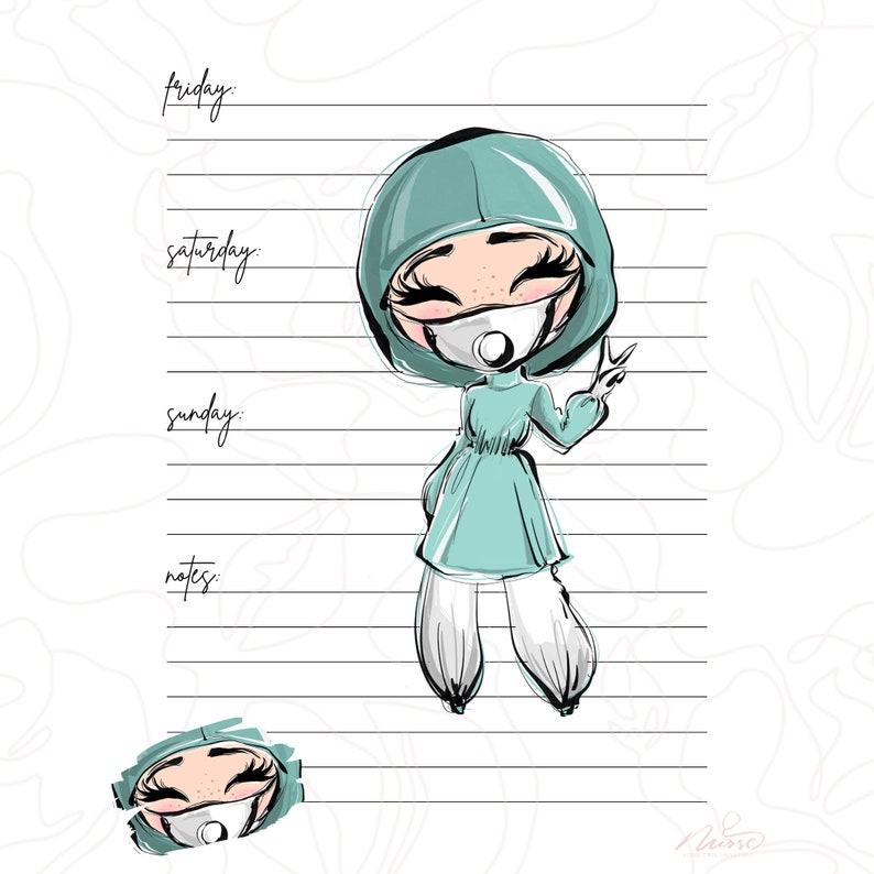 May include: A cartoon illustration of a girl wearing a light blue medical gown and a face mask. She has long eyelashes and is making a peace sign with her hand. The background is white lined paper with the words "friday", "saturday", "sunday", and "notes" written on it.