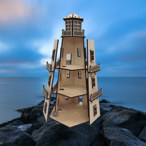 Dollhouse Lighthouse (11&quot;) w/LED Beacon Light - Natural Wood Finish - 2 Removable Walls