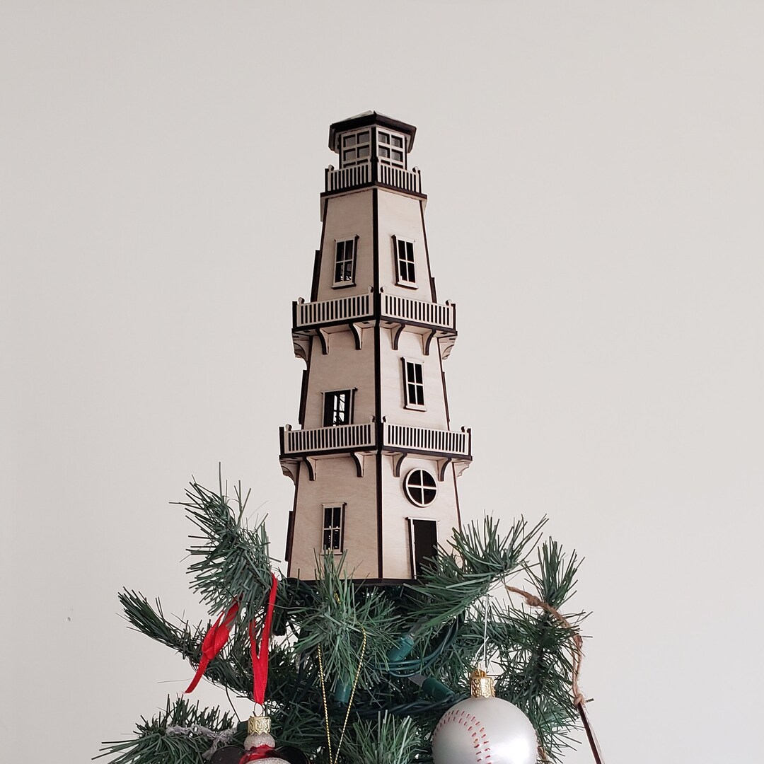 Lighthouse Tree Topper W/led Beacon Light Natural Wood Finish Christmas