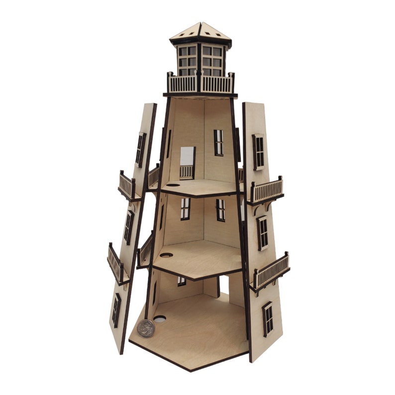 Dollhouse Lighthouse (11") W/led Beacon Light - Natural Wood Finish - 2 ...