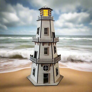 Lighthouse w/LED Beacon Light - Natural Wood Finish - Model Lighthouse LED Light