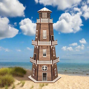 May include: A detailed wooden lighthouse model with a brown exterior and white accents. The lighthouse features multiple levels with balconies, windows, and a top observation deck. It stands on a sandy beach with a blue ocean and sky background.