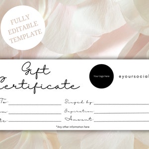 Add Logo Minimal Gift Certificate Canva Template, Photography Gift Certificate Template, Small Business Templates, Editable Gift Voucher