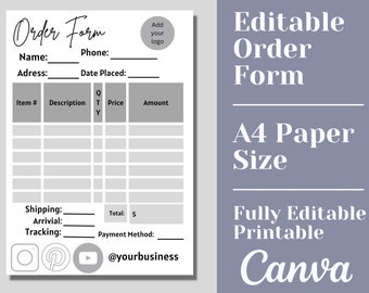 May include: Editable order form template in black and white with gray accents. The form includes fields for name, phone, address, date placed, item number, description, quantity, price, amount, shipping, arrival, tracking, total, payment method, and social media handles. The form is designed for A4 paper size.