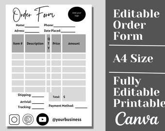 May include: Black and white order form template with fields for name, address, phone, date placed, item number, description, quantity, price, amount, shipping, arrival, tracking, total, and payment method. The form also includes a space for a logo and social media handles.