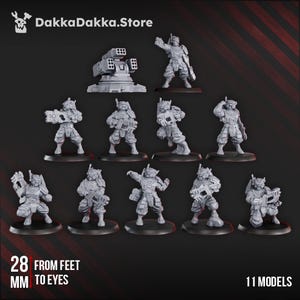 May include: A collection of 11 gray miniature models, including soldiers and a turret, on black bases. The text "DakkaDakka.Store" is at the top, with "28 MM FROM FEET TO EYES" and "11 MODELS" at the bottom. The models are detailed and appear to be for tabletop gaming.