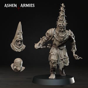May include: A gray figurine of a warrior with a spiked crown and armor, holding a weapon. The figurine is part of the "Ashen Armies" collection, with additional head sculpts.