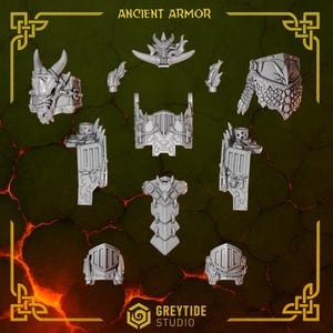 Puede incluir: Una colección de piezas de armadura antiguas grises, que incluyen cascos, protectores de hombros y petos, dispuestas sobre un fondo texturizado verde oscuro y naranja. El texto "ANCIENT ARMOR" está en la parte superior. El logotipo de GreyTide Studio está en la parte inferior.