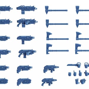 May include: An assortment of blue plastic miniature weapons, including rifles, axes, and hand tools. The weapons feature textured surfaces and are arranged in a grid. The image displays a variety of miniature weaponry.