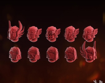 May include: Ten red plastic miniature helmets with various designs, including wings and horns. The helmets are arranged in two rows of five.