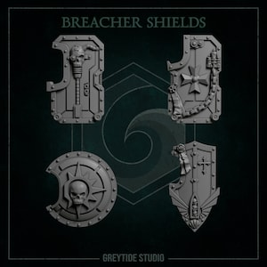 May include: Four grey plastic shields with different designs. The shields are for tabletop gaming and feature a skull, a cross, a gear, and a winged design. The text "Breacher Shields" is at the top of the image and "Greytide Studio" is at the bottom.