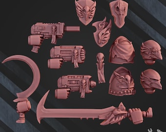 May include: A set of 10 miniature plastic figures in a pink color. The figures include a sword, a shield, a helmet, and other weapons. The figures are designed for tabletop gaming.