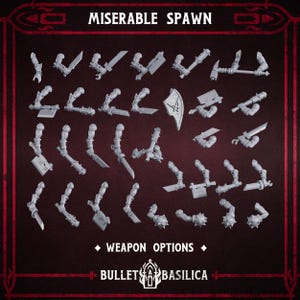 May include: A collection of miniature weapon options, including swords, axes, and spiked clubs, arranged on a dark red background. The text "MISERABLE SPAWN" and "WEAPON OPTIONS" are displayed at the top and bottom of the image, respectively. The logo for "BULLET BASILICA" is also visible.