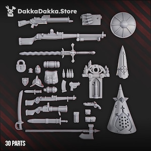 Könnte beinhalten: Eine Sammlung von 3D-gedruckten Miniaturwaffen und Zubehör, darunter Gewehre, Schwerter, Pistolen, ein Schild und ein Helm. Die Artikel sind auf dunklem Hintergrund angeordnet. Der Text "DakkaDakka.Store" ist oben und "30 PARTS" unten sichtbar.
