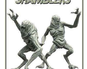 Könnte beinhalten: Zwei graue, detaillierte, 3D-gedruckte Figuren von Kreaturen mit langen Gliedmaßen und scharfen Krallen. Die Figuren sind in einer dynamischen, aktionsbereiten Pose dargestellt. Der Text "DIMENSIONAL SHAMBLERS" wird über den Figuren angezeigt.