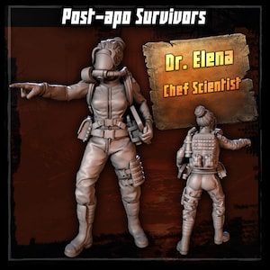May include: A grey plastic miniature figurine of a female character wearing a gas mask and a utility belt. The character is holding a book in one hand and pointing with the other. The text "Dr. Elena Chief Scientist" is visible in the background.