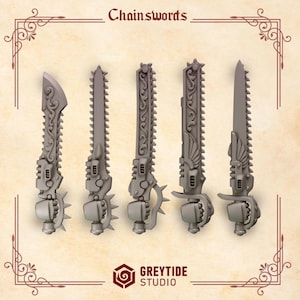 May include: Five different chain swords with intricate designs. The swords are made of metal and have a gray finish. The swords are all different lengths and have different designs on the blades. The swords are all sharp and have a menacing look.