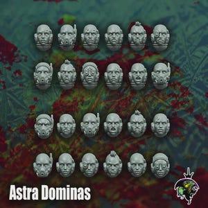 May include: A selection of small grey model heads, each with a different expression and head covering. Some have respirators, communication devices, or futuristic glasses. The text "Astra Dominas" is visible at the bottom of the image.