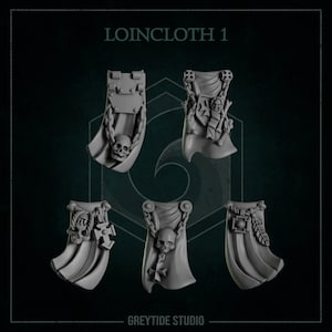 Puede incluir: Cinco mini-cinturones de plástico gris con diferentes diseños, incluyendo calaveras, huesos y una cruz. El texto "LOINCLOTH 1" está en la parte superior de la imagen y "GREYTIDE STUDIO" en la parte inferior.