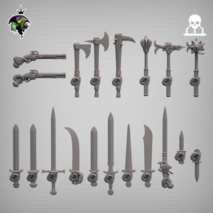 Puede incluir: Un conjunto de 18 armas en miniatura, que incluyen espadas, hachas, pistolas y mazas. Las armas están hechas de plástico gris y están diseñadas para juegos de mesa o pintura en miniatura.