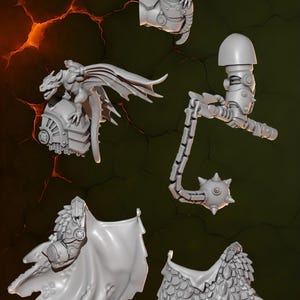 Może przedstawiać: Kolekcja drukowanych w 3D figurek w różnych bohaterskich pozach. Figurki obejmują smoki, zbroje i broń. Tekst "BIG ARMOR HEROIC POSES" jest wyświetlany u góry. Dolny tekst brzmi "SAME MODEL REPEATED TO DISPLAY IT PROPERLY".