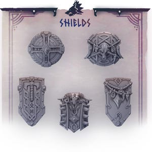 Könnte beinhalten: Fünf graue Schilde mit aufwendigen Designs. Die Schilde haben verschiedene Formen, darunter rund und rechteckig, und weisen Details wie Runen, Tierschädel und Seilakzente auf. Das Wort "SHIELDS" steht über den Schilden.