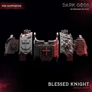 Puede incluir: Un modelo 3D impreso de una armadura de caballero con un diseño de cruz y calavera. El modelo está pre-soportado y viene con archivos STL para impresión 3D. El texto "DARK GODS" y "BLESSED KNIGHT UPGRADE ARMOR" es visible en la imagen.
