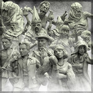 May include: A group of 10 detailed miniature figures, each with unique features and expressions. The figures are made of a grey material and appear to be part of a fantasy or horror themed set.