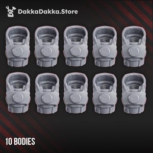 May include: Ten grey plastic bodies are displayed in two rows. Each body features a rounded top, a circular design on the front, and a segmented lower section. The text "10 BODIES" is at the bottom, and the DakkaDakka.Store logo is at the top.