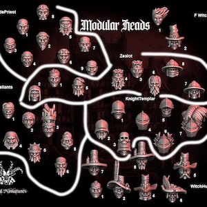 Puede incluir: Una colección de cabezas en miniatura impresas en 3D para juegos de mesa. Las cabezas están dispuestas en un círculo con números que indican diferentes estilos. Las cabezas son todas de color gris y tienen diversas expresiones faciales y peinados. El texto "Modular Heads" está en la parte superior de la imagen.