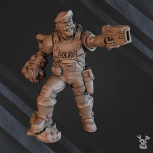 May include: A detailed miniature figurine of a soldier wearing a beret and holding a futuristic gun. The soldier is wearing a tactical vest and has a utility belt with pouches. The figurine is made of a light brown plastic and is posed in a dynamic action stance.