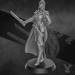 May include: A grey plastic miniature figurine of a female soldier wearing a gas mask and a long coat. She is holding a sword in her right hand and has a belt with a pouch on her left hip.