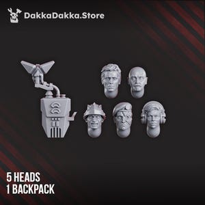 Puede incluir: Una colección de cabezas en miniatura grises y una mochila. Las cabezas representan varias expresiones y estilos, incluyendo una cabeza calva, una cabeza con boina y una cabeza con auriculares. El texto dice "5 HEADS 1 BACKPACK".