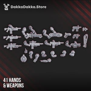 May include: A selection of 3D-printed miniature weapons and arms in various designs. The image includes rifles, pistols, and a chainsaw, all in a light grey colour. The text "41 HANDS & WEAPONS" is displayed at the bottom.