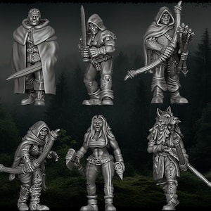 May include: A collection of six detailed miniature figurines, each depicting fantasy characters in various poses. The figures are primarily gray, with swords, bows, and cloaks. The text "Infernal Miniatures" is visible in the upper right corner.