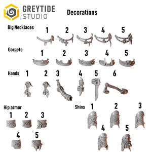 Puede incluir: Una colección de decoraciones en miniatura para manualidades o juegos, que incluye collares grandes, gorgets, manos, armadura de cadera y espinilleras. Las piezas están numeradas y hechas de un material gris claro. El texto "Decorations" está en la parte superior.