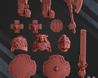 May include: A set of 11 miniature plastic figures, including a wolf head, a shield, a sword, and a helmet. The figures are painted in shades of red and brown.